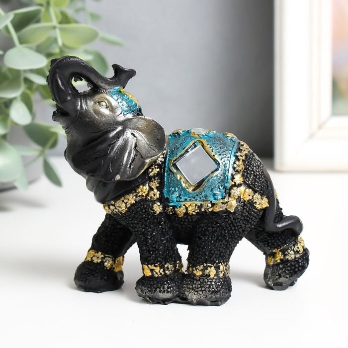Сувенир полистоун "Слон в синей попоне с кистями и зеркалами" h=10;8;7;6;5,2;4,9;4,5 см