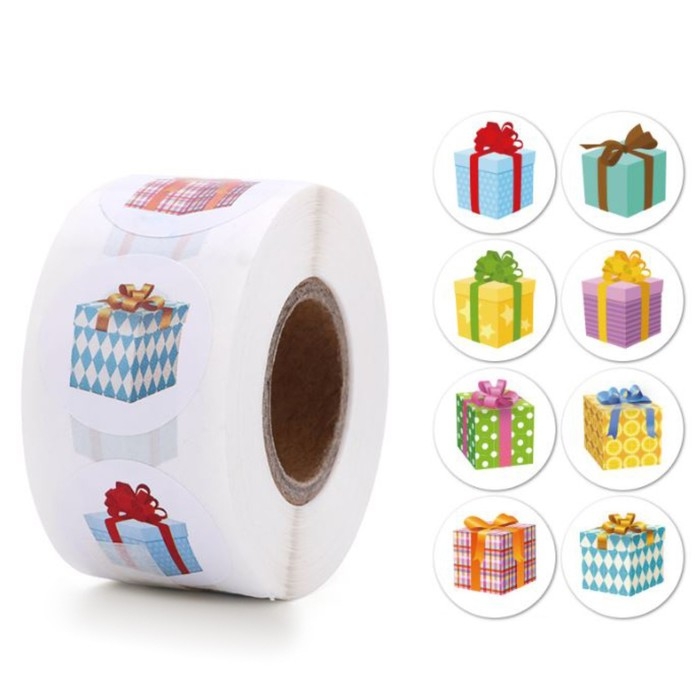 Наклейка бумага Наклейка бумага "Подарочки" d=2,5 см 500 шт в рулоне 3х6,5х6,5 см