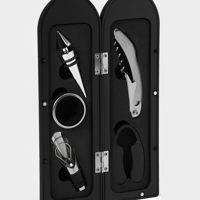 Набор для вина в кейсе Доляна «Бутылка», 5 предметов: пробка, кольцо, каплеуловитель, штопор, нож для срезания фольги Набор для вина в кейсе Доляна «Бутылка», 5 предметов: пробка, кольцо, каплеуловитель, штопор, нож для срезания фольги