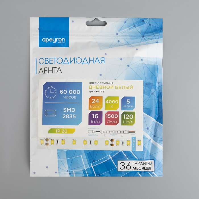 Cветодиодная лента Apeyron Electrics 5 м, IP20, SMD2835, 120 LED/м, 16 Вт/м, 24 В, 4000К