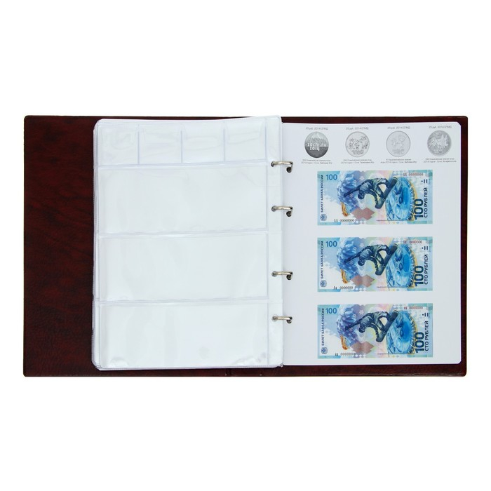 Альбом для монет на кольцах 225 х 265 мм, Альбом для монет на кольцах 225 х 265 мм, "Памятные монеты РФ", обложка искусственная кожа, 13 листов и 13 цветных картонных вставок, коричневый