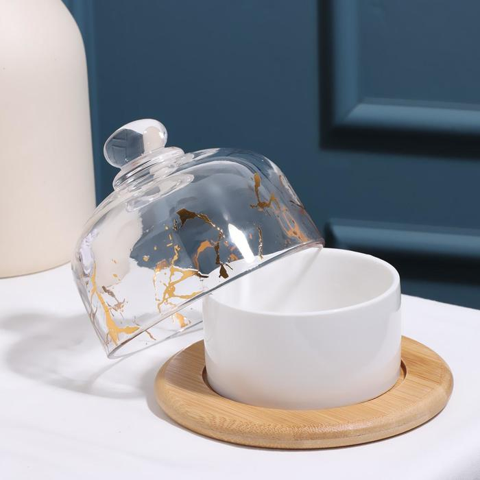 Соусник керамический &laquo;Марбл&raquo;, 150 мл, d=8 см, с подставкой и крышкой