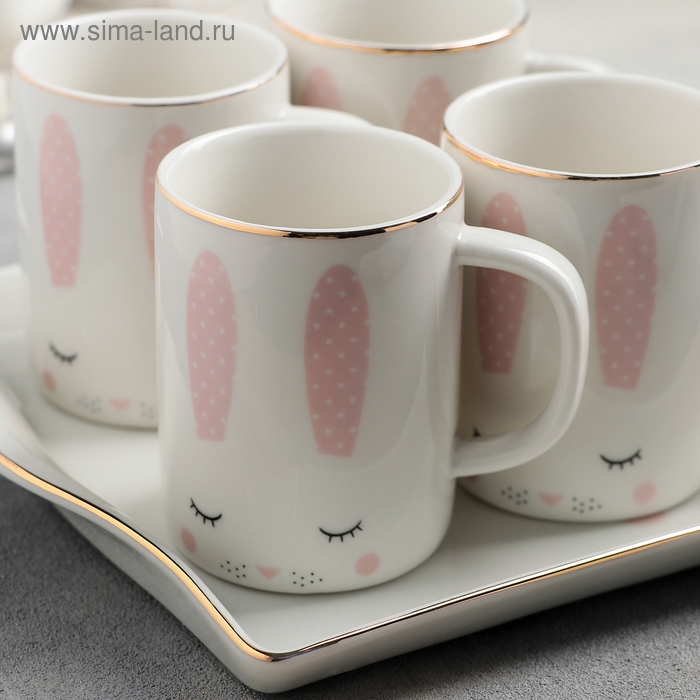 Набор керамический чайный &laquo;Зайка&raquo;, 6 предметов: 4 кружки 220 мл, чайник 900 мл, поднос