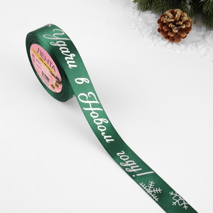 Новый год! Лента атласная с тиснением &laquo;Удачи в Новом году!&raquo;, 25 мм, 23 &plusmn; 1 м, цвет зелёный/серебряный №056