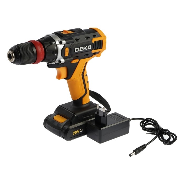 Дрель-шуруповерт DEKO DKCD20FU-Li, со съемным патроном, 20 В, 1.5 Ач, 42 Нм, 2 скорости Дрель-шуруповерт DEKO DKCD20FU-Li, со съемным патроном, 20 В, 1.5 Ач, 42 Нм, 2 скорости