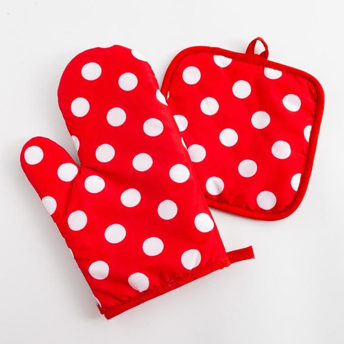 Кухонный набор (2 предмета) Доляна &laquo;Горох&raquo;, цвет красный, прихватка 17х17 см, рукавичка 26х16 см, 100% п/э