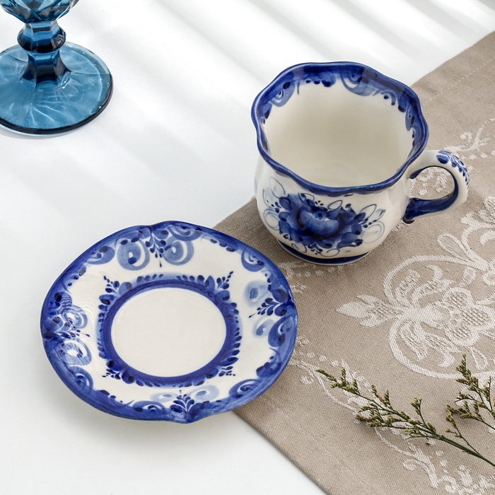 Чайная гжель «Ромашка», бело-синий,керамика, Чайная гжель «Ромашка», бело-синий,керамика,