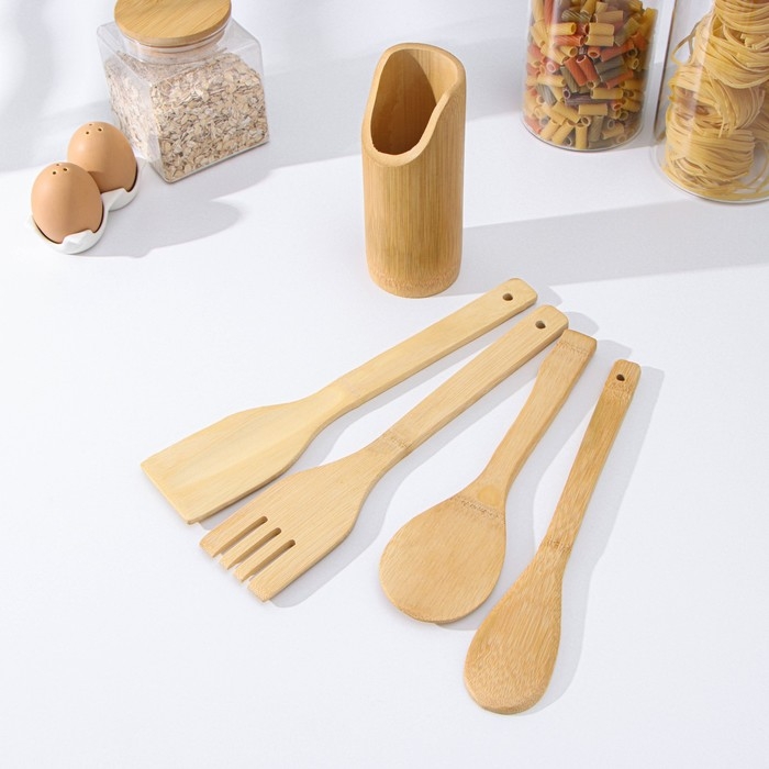 Набор кухонных принадлежностей Доляна &laquo;Дуновение леса&raquo;, 4 предмета на подставке: 2 лопатки, 2 ложки