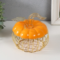 Шкатулка металл, керамика "Тыква с листочком" оранжевая с золотом 14х14х13 см