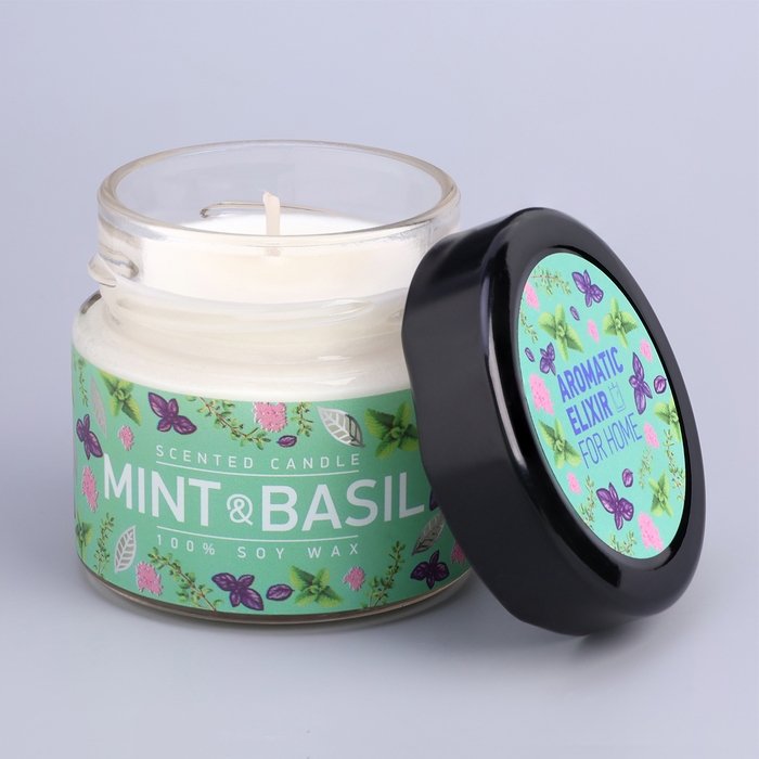 Свеча ароматическая в банке Свеча ароматическая в банке "Базилик и мята ", совый воск, 80 г