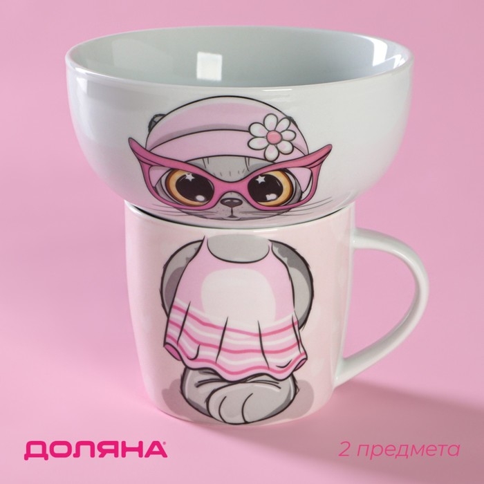 Набор детской посуды из керамики Доляна «Котик», 2 предмета: кружка 230 мл, миска 400 мл, цвет белый Набор детской посуды из керамики Доляна «Котик», 2 предмета: кружка 230 мл, миска 400 мл, цвет белый