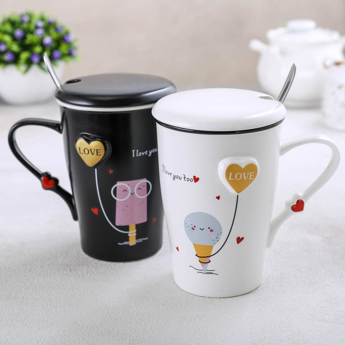 Набор кружек керамических с крышками и ложками &laquo;Узы любви&raquo;, 2 предмета: 400 мл, цвет МИКС