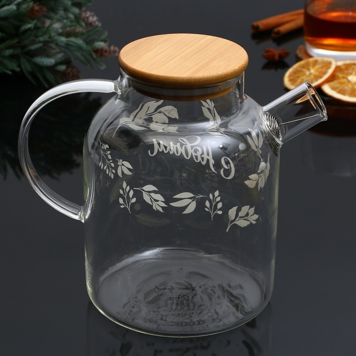 Новый год. Чайник заварочный стеклянный с бамбуковой крышкой &laquo;С Новым годом! Время чудес&raquo;, 1700 мл