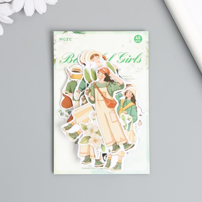 Наклейки для творчества "Девушки и цветы. Зелёное настроение" 4х8 см н-р 40 шт 0,5х12х8 см