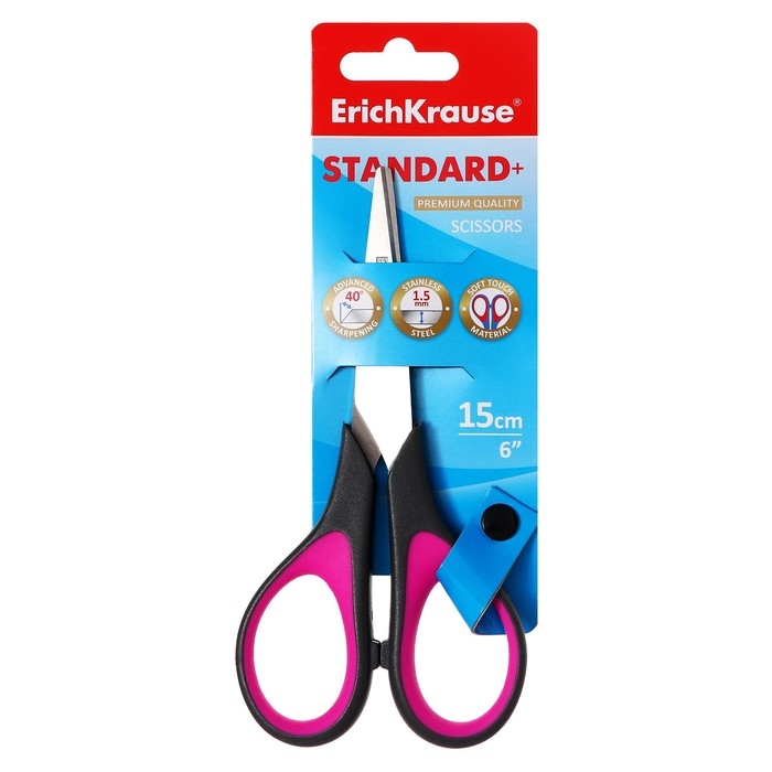 Ножницы ErichKrause Standard+, 15 см, антискользящие резиновые вставки, улучшенная заточка, блистер, МИКС