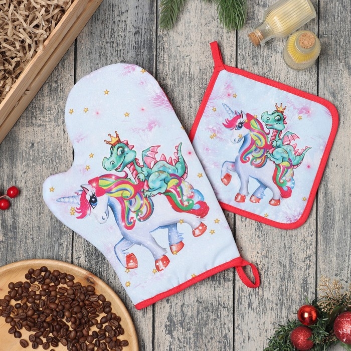 Новый год. Набор кухонный "Дракон и единорожка": варежка 20х28 см, прихватка 17х17 см, 35% хл, 65% пэ, вати