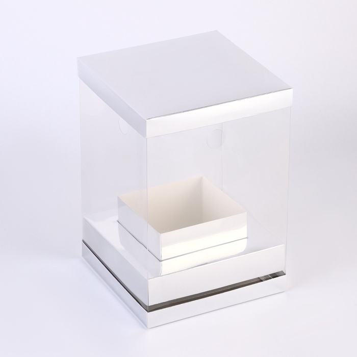 Коробка для цветов с вазой и PVC окнами складная,  16 х 23 х 16 см, серебро