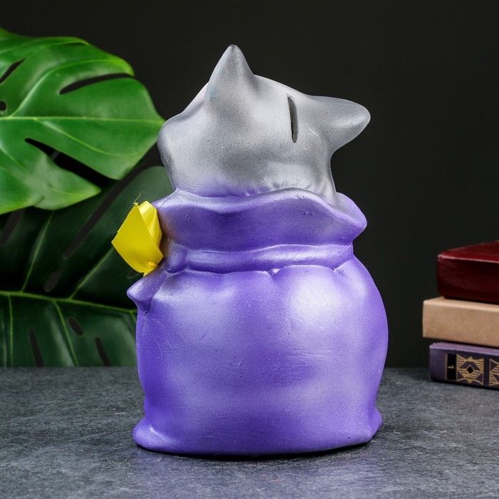 Копилка "Кот в мешке - Я не подарок, я сюрприз" серый с фиолетовым, 22см