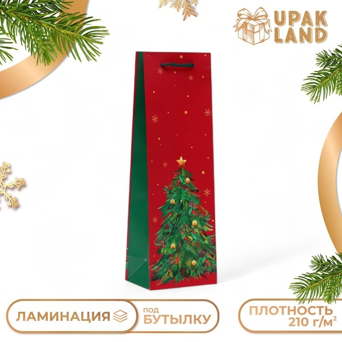 Новый год. Пакет подарочный новогодний под бутылку, упаковка Новый год. Пакет подарочный новогодний под бутылку, упаковка "Ёлка", 12 х 36 х 8,5 см.