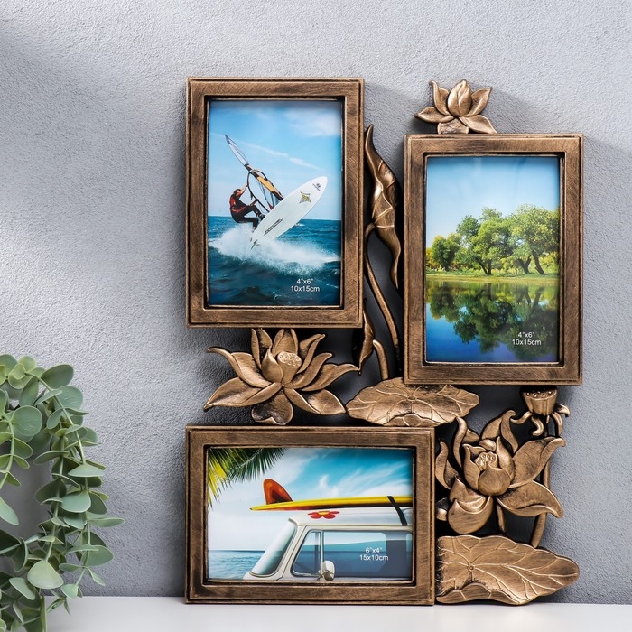 Фоторамка пластик на 3 фото 10х15 см Фоторамка пластик на 3 фото 10х15 см "Лотосы" тёмное золото 36х27 см