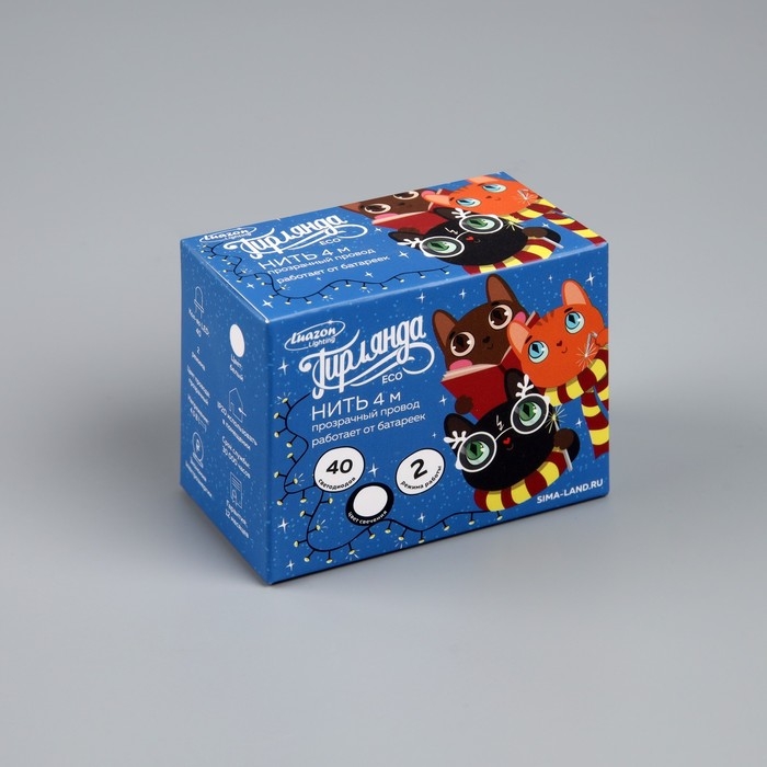 Гирлянда «Нить» 4 м, IP20, прозрачная нить, 40 LED, 2 режима, батарейки AAх3 (нет в комплекте), свечение белое Гирлянда «Нить» 4 м, IP20, прозрачная нить, 40 LED, 2 режима, батарейки AAх3 (нет в комплекте), свечение белое