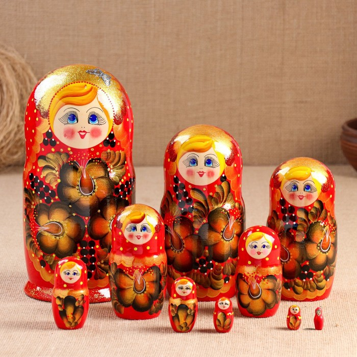 Матрёшка &laquo;Золотые цветы&raquo;, красное платье, 10 кукольная. 26 см