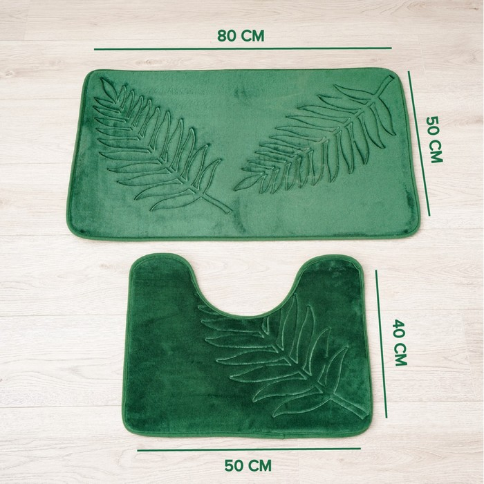 Коврики для ванной и туалета Доляна &laquo;Тропики&raquo;, 2 шт: 40&times;50 см, 50&times;80 см, цвет зелёный