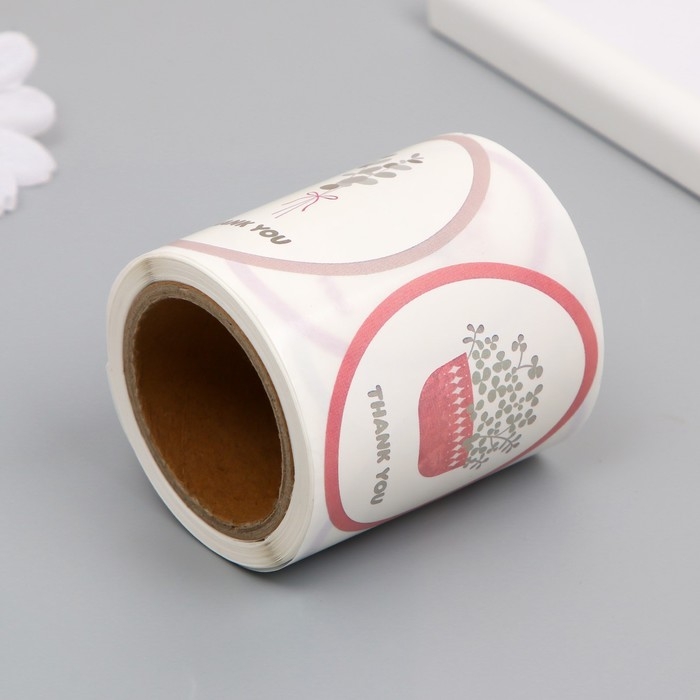 Наклейка бумага Наклейка бумага "Благодарность. Цветы в вазе" d=2,5 см 120 шт в рулоне 5,7х5,7х6 см