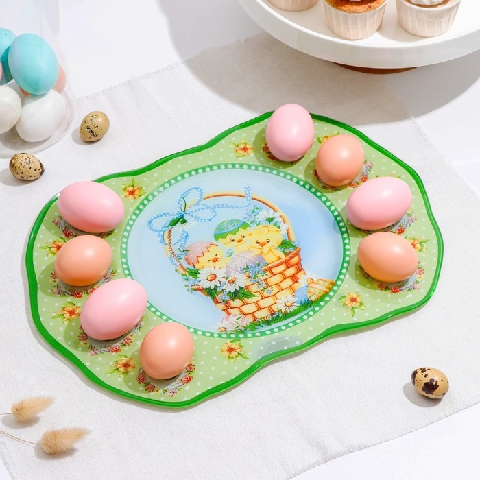 Подставка стеклянная для яиц 8 ячеек Доляна &laquo;Пасхальные цыплята&raquo;, 35&times;24,5 см