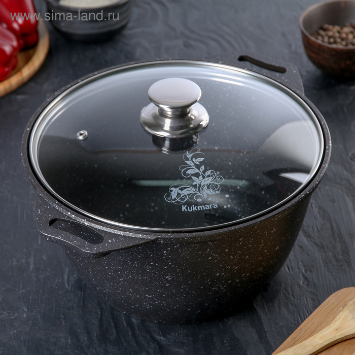 Кастрюля, 4 л, d=24 см, h=13,5 см,стеклянная крышка, антипригарное покрытие, цвет тёмный мрамор