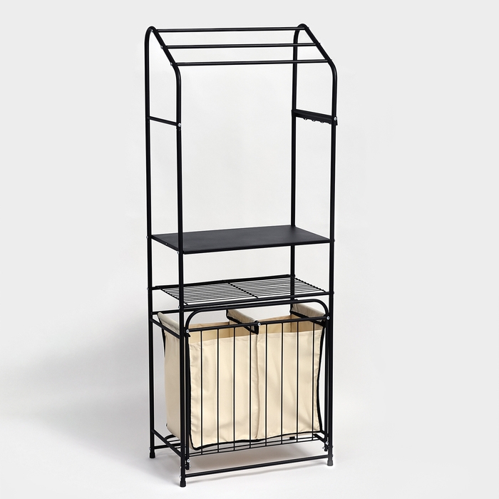Стеллаж с двойной корзиной для белья и перекладинами, 2-х ярусный, 60&times;35&times;160 см, цвет чёрный