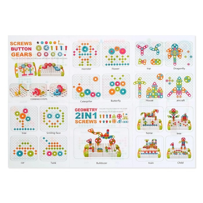 Конструктор винтовой &laquo;Пуговки и шестеренки&raquo;, 3 в 1, с шуруповёртом, 147 деталей и 12 карточек