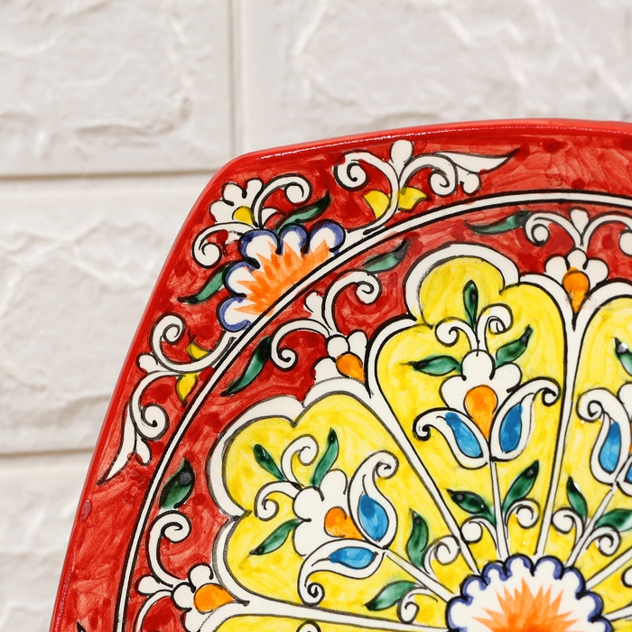 Тарелка Риштанская Керамика Тарелка Риштанская Керамика "Узоры", красная, 20 см, квадратная