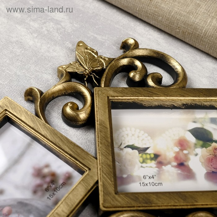 Фоторамка пластик на 9 фото 10х10, 10х15 см Фоторамка пластик на 9 фото 10х10, 10х15 см "Узоры" тёмное золото 54х49 см