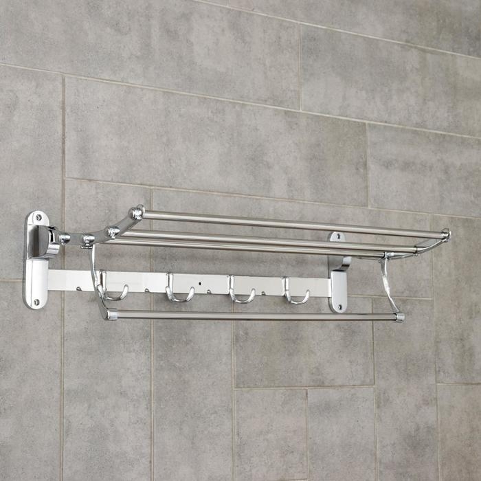 Полка откидная с держателем полотенец, 4 двойных крючка, 59,5×26×14 см, цвет хром Полка откидная с держателем полотенец, 4 двойных крючка, 59,5×26×14 см, цвет хром