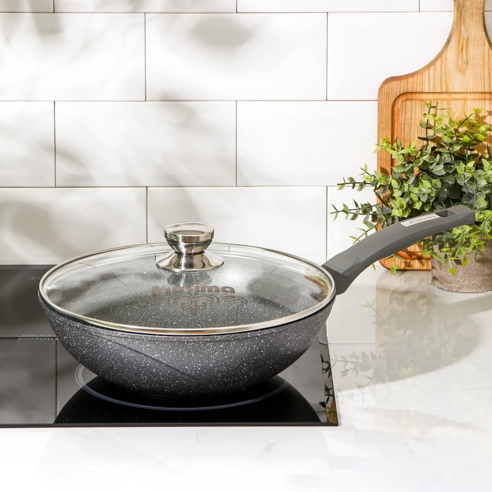 Сковорода &laquo;Гранит ВОК&raquo;, d=28 см, стеклянная крышка, антипригарное покрытие, цвет серый