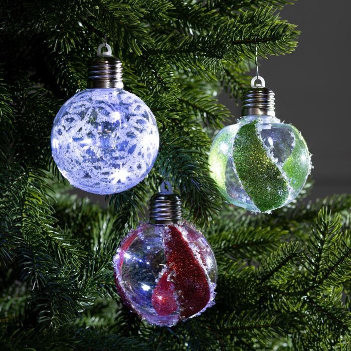 Набор ёлочных шаров &laquo;Шары с блёстками&raquo; 3 шт., батарейки, 5 LED, свечение белое