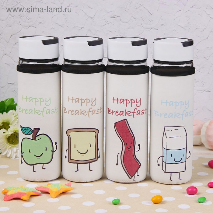 Бутылка для воды стеклянная с ручкой в чехле &laquo;Завтрак&raquo;, 500 мл, h=23,5 см, рисунок МИКС