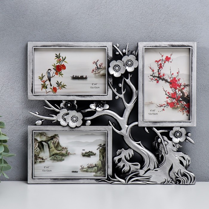 Фоторамка пластик на 3 фото 10х15 см Фоторамка пластик на 3 фото 10х15 см "Вишнёвый сад" тёмное серебро 32х27 см