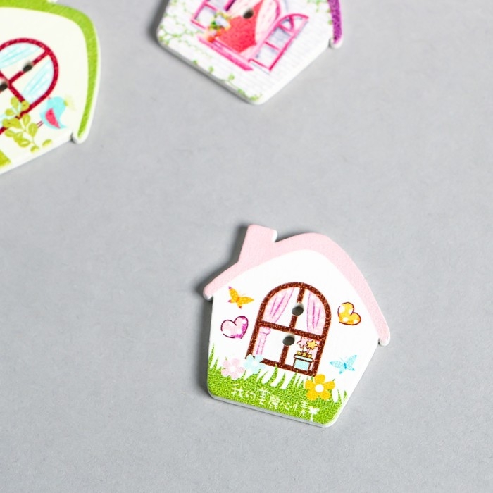 Пуговицы дерево для творчества 2 прокола "Домик - весна" набор 10 шт 2,5х2,5 см