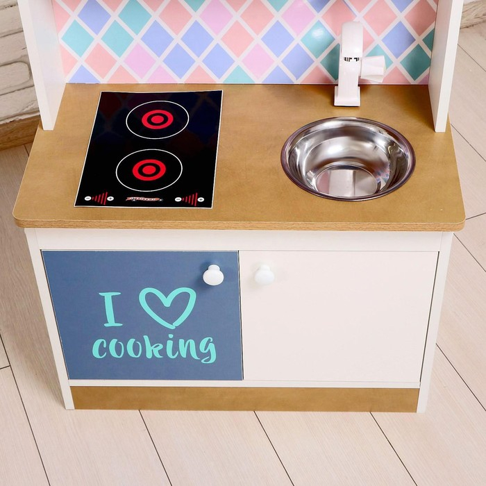 Игровая мебель &laquo;Детская кухня&raquo;, цвет корпуса бело-бежевый, цвет фасада бело-голубой, фартук ромб