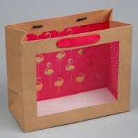 Пакет подарочный крафтовый с пластиковым окном, упаковка, &laquo;Фламинго&raquo;, 24 х 20 х 11см