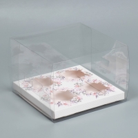 Коробка для капкейка, кондитерская упаковка, 4 ячейки, &laquo;Венки&raquo;, 16 х 16 х 11.5 см