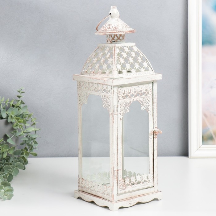 Подсвечник металл Подсвечник металл "Фонарь - белые кружева" набор 2 шт белый 17х17х52, 13х13х39,5 см