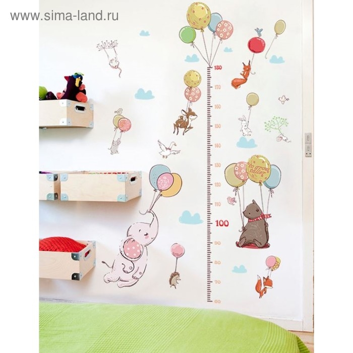 Наклейка пластик интерьерная ростомер Наклейка пластик интерьерная ростомер "Зверята с воздушными шариками" 60х90 см