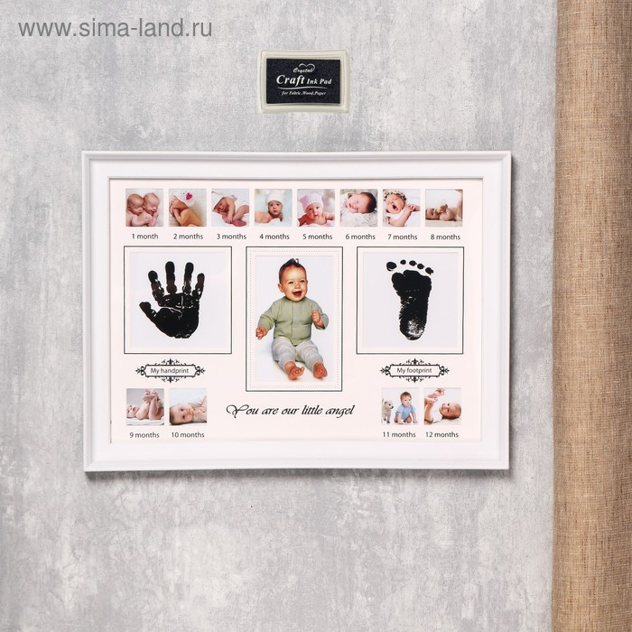 Фоторамка на 13 фото 4х4, 7,5х11,5 см с штемп.подушкой Фоторамка на 13 фото 4х4, 7,5х11,5 см с штемп.подушкой "Наш ангел" белая 30х40х2,5 см