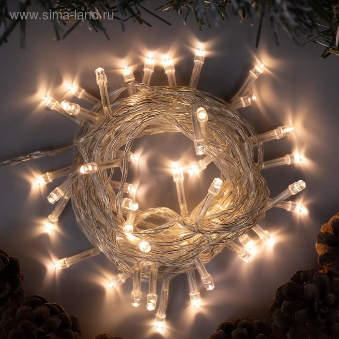 Гирлянда &laquo;Нить&raquo; 5 м, IP20, прозрачная нить, 50 LED, свечение тёплое белое, 8 режимов, 220 В