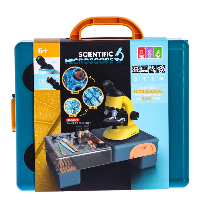Микроскоп детский &laquo;Набор биолога в чемодане&raquo; кратность х40, х100, х640, подсветка, цвет белый