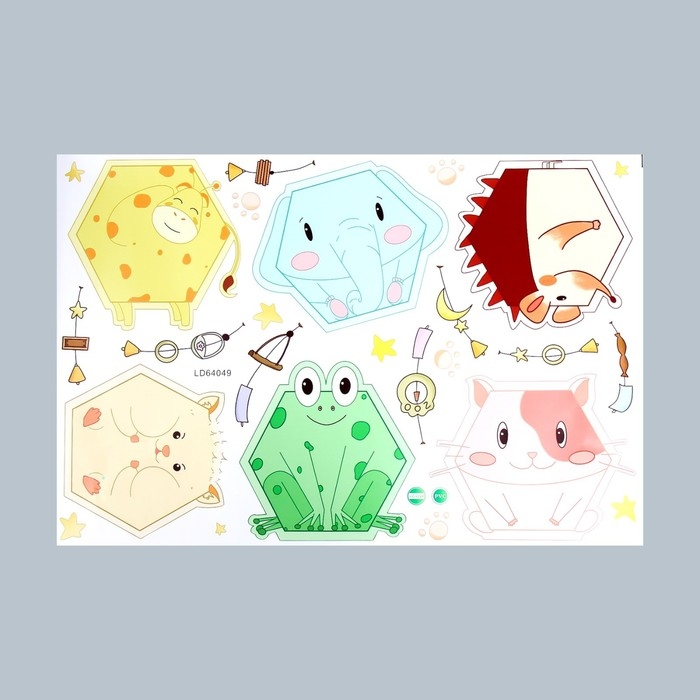 Наклейка пластик интерьерная цветная "Зверята-шестигранники" 40х60 см