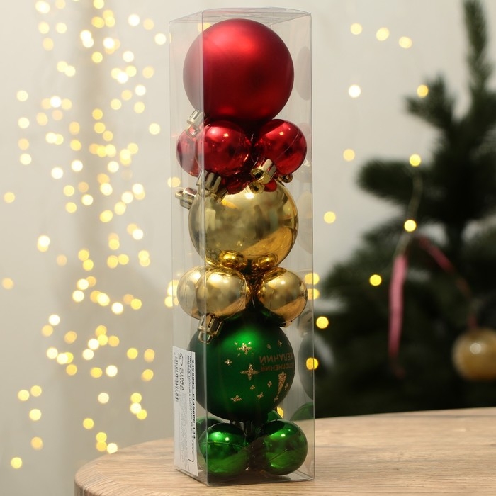 Шары ёлочные новогодние, на Новый год, d=3 и d=6, 15 шт., цвет красный, зелёный и золотой